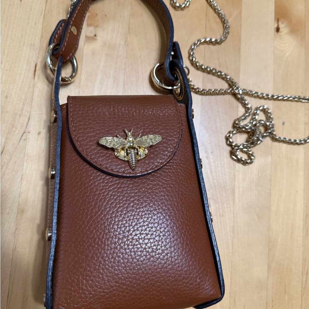 Elegant Leather Brown Crossbody Bag with Gold Insect Detail
